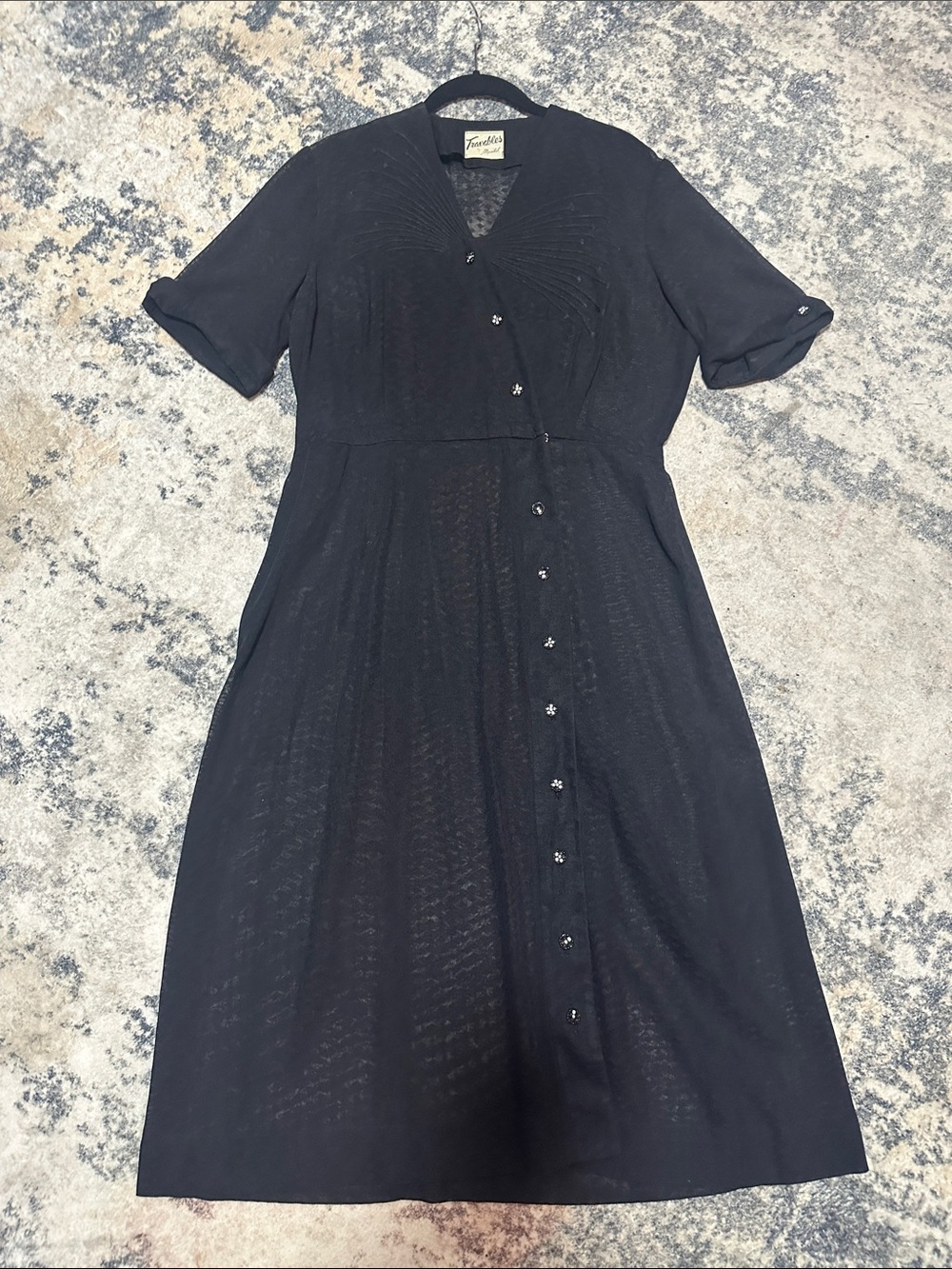 Vintage Sheer Black Button-Front Women’s Dress with Diamond Buttons